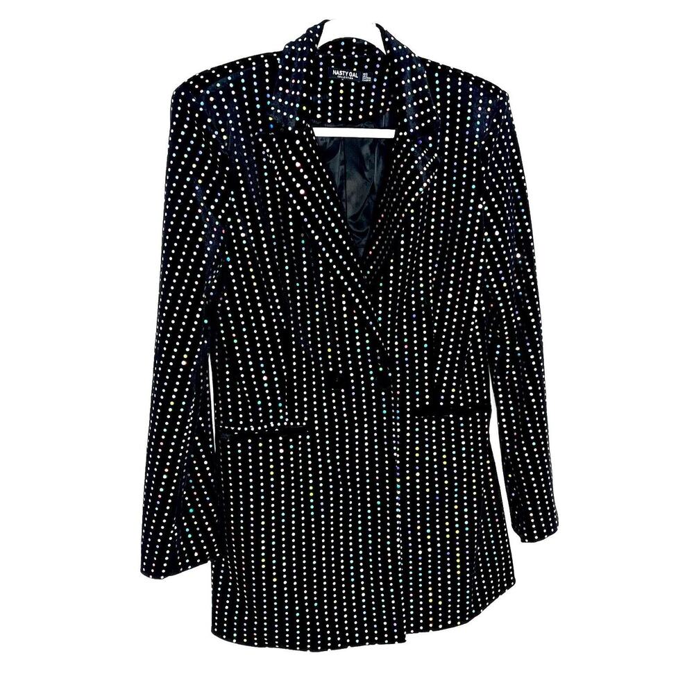Nasty Gal Black Velvet Blazer With Holographic Flat Sequins Sz 2 Party‎ Eras 80s